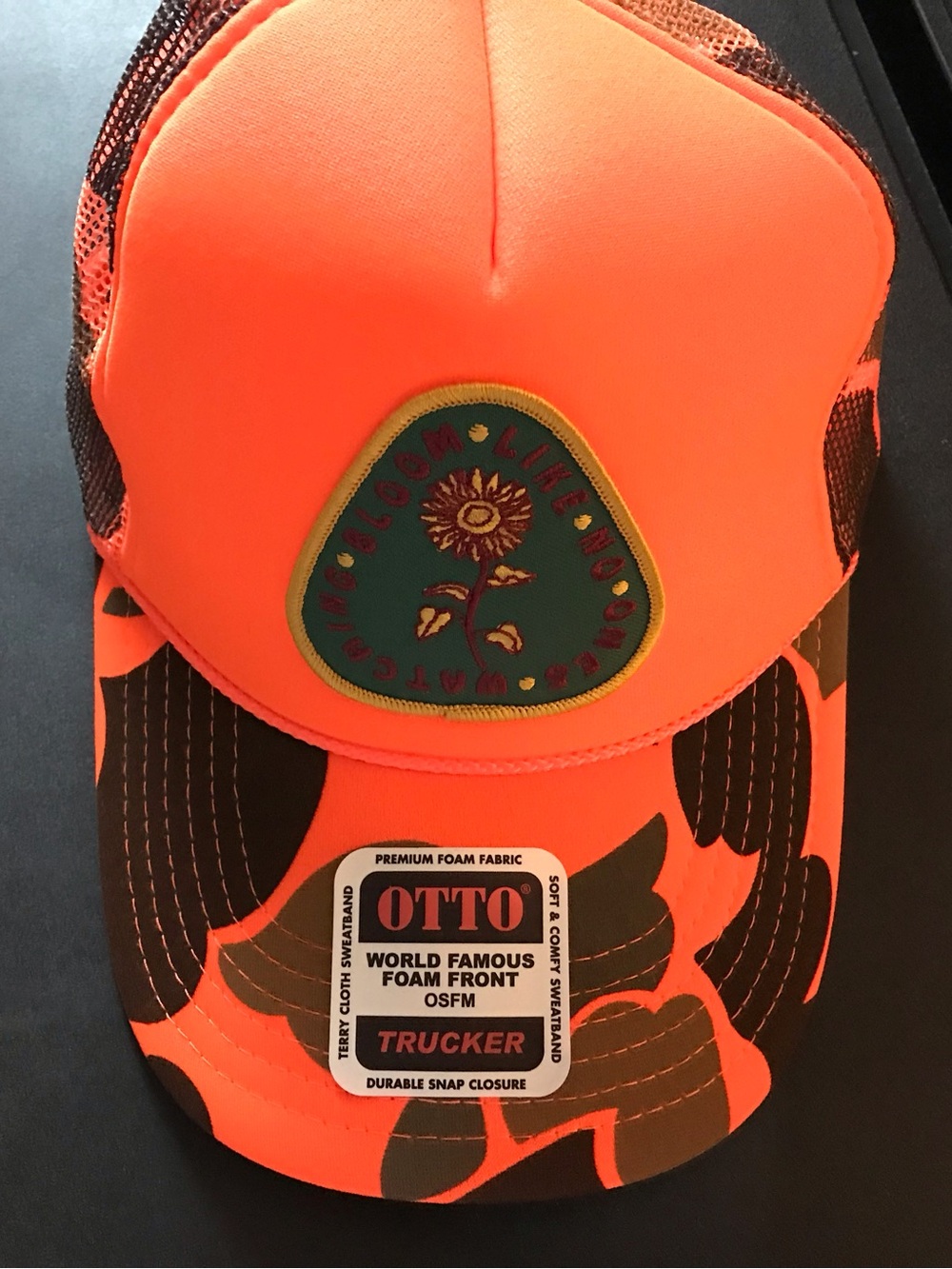 OTTO Neon Orange Trucker Hat with Sunflower Patch and Camo Brim